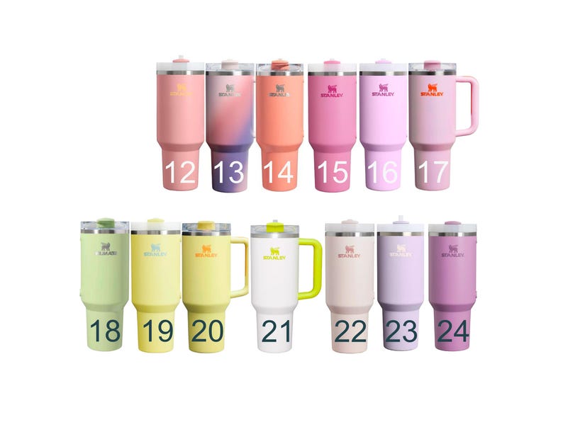 a collection of colorful stainless steel tumblers or thermos bottles, each with a unique color and size. The bottles are arranged in rows, with numbers indicating their size, and the brand name "STANLEY" is visible on each bottle.