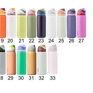 a collection of 15 colorful water bottles, each with a unique color and design.