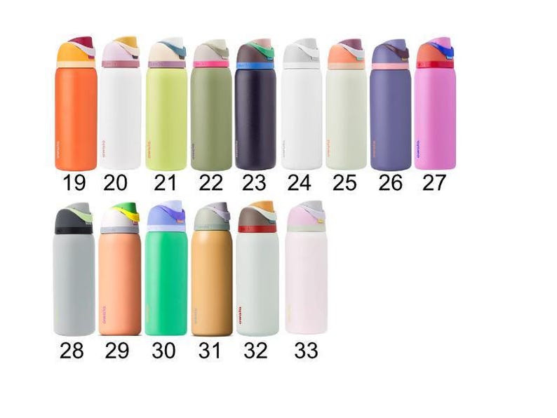 a collection of 15 colorful water bottles, each with a unique color and design.