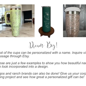 three different personalized cups, each with a unique design and name. The cups are displayed on a countertop, and the text encourages the viewer to inquire about customizing cups with a name through Etsy. The cups are just a few examples of how beautiful names can be incorporated into a design, and the image also suggests that logos and ranch brands can be done. The text invites the viewer to give a personalized gift project a try and see the impact of a customized gift.