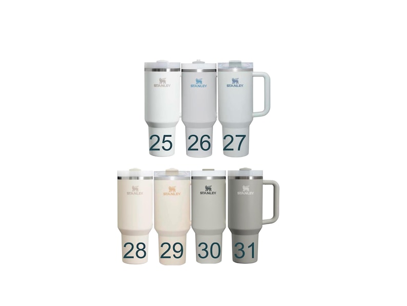 a collection of white and gray stainless steel tumblers with the brand name "STANLEY" printed on them. The tumblers are arranged in two rows, with the top row containing four tumblers and the bottom row containing five tumblers. Each tumbler has a number printed on it, ranging from 25 to 31, indicating the size or capacity of the tumbler.