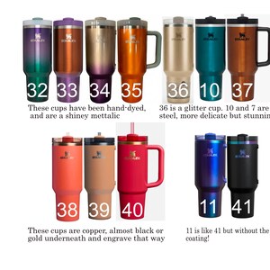 a collection of various colored and patterned stainless steel tumblers, each with different designs and features.