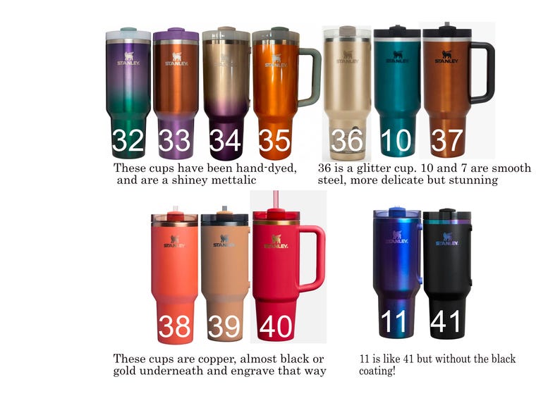 a collection of various colored and patterned stainless steel tumblers, each with different designs and features.