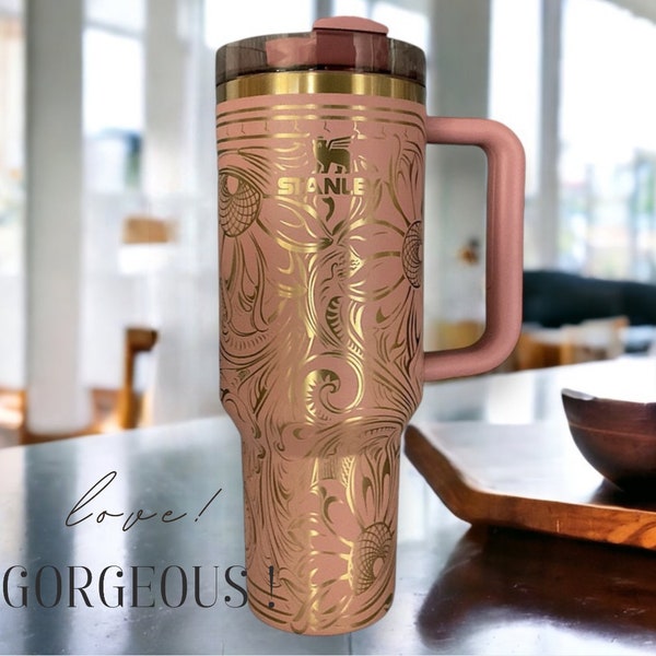 Tooled Leather Western Style Look Antique Pink Moon White Cypress Personalized Engraved Stanley Adventure Quencher 40 oz Tumbler