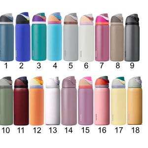 a collection of 16 colorful water bottles, each with a unique design and color.