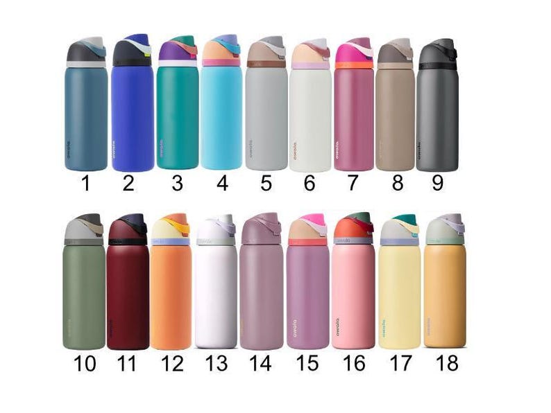 a collection of 16 colorful water bottles, each with a unique design and color.