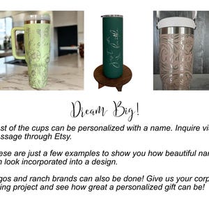 three different personalized cups, each with a unique design and name. The cups are displayed on a countertop, and the text encourages the viewer to inquire about customizing cups with a name through Etsy. The cups are just a few examples of how beautiful names can be incorporated into a design, and the image also suggests that logos and ranch brands can be done. The text invites the viewer to give a personalized gift project a try and see the impact of a customized gift.