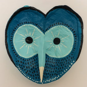 Paper Mâché Owl head, Linda Blue