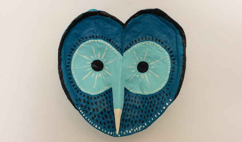 Paper Mâché Owl head, Linda Blue