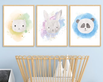 Kinderzimmer Poster 3er Set A3/A4 Bilder personalisierbar - Katze, Hase, Panda Aquarell Deko