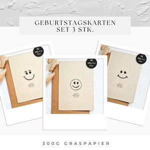 Geburtstagskarten 3er Set mit Smileys Din A6 | Geschenkidee Geldgeschenk Geburtstag | nachhaltiges 300g Graspapier | für Frauen und Männer