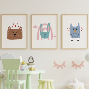 Kinderzimmer Bilder für Mädchen und Jungen, Poster Tiere Bär Hase Eule Tierbilder Babyzimmer