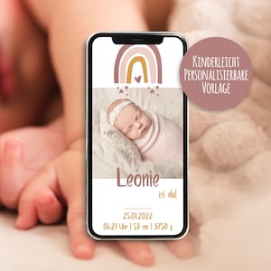 Anuncio de nacimiento digital con foto personal | Anuncio de nacimiento personalizado | Anuncio de Bebé para WhatsApp | Rojos arcoiris