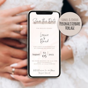 Digitale Save the Date Hochzeitseinladung für das Smartphone selbst bearbeiten | Zum Versenden per WhatsApp oder E-Mail | Sofort Download