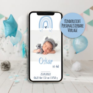 Anuncio de nacimiento digital con foto personal, anuncio de nacimiento personalizado, anuncio de bebé para WhatsApp, niños azul arcoíris