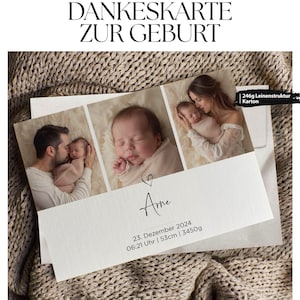 Baby Dankeskarte zur Geburt | liebevoll personalisierte Karte mit Fotos, Geburtsdaten und eurem Text auf der Rückseite | Din A6 doppelseitig