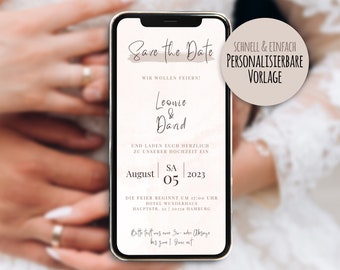Puede incluir: Una tarjeta de guardar la fecha en la pantalla de un teléfono inteligente con un fondo de acuarela rosa. La tarjeta dice "Save the Date" con una línea marrón debajo. Dice "¡Nos casamos!" y enumera los nombres "Leonie & Dand". La fecha es el 5 de agosto de 2023. La hora es las 5:00 PM. La ubicación es el Hotel Wunderhaus, Hauptstr. 12, 20119 Hamburgo.