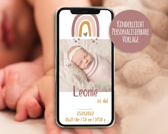 Annonce de naissance numérique avec photo personnelle | Annonce de naissance personnalisée | Annonce de bébé pour WhatsApp | Rouges arc-en-ciel