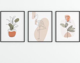 Line Art 3er Poster Set - flat design mit Rosen, Blumen und Flamingo - Wohnzimmer, Küche, Schlafzimmer Deko A2/A3/A4