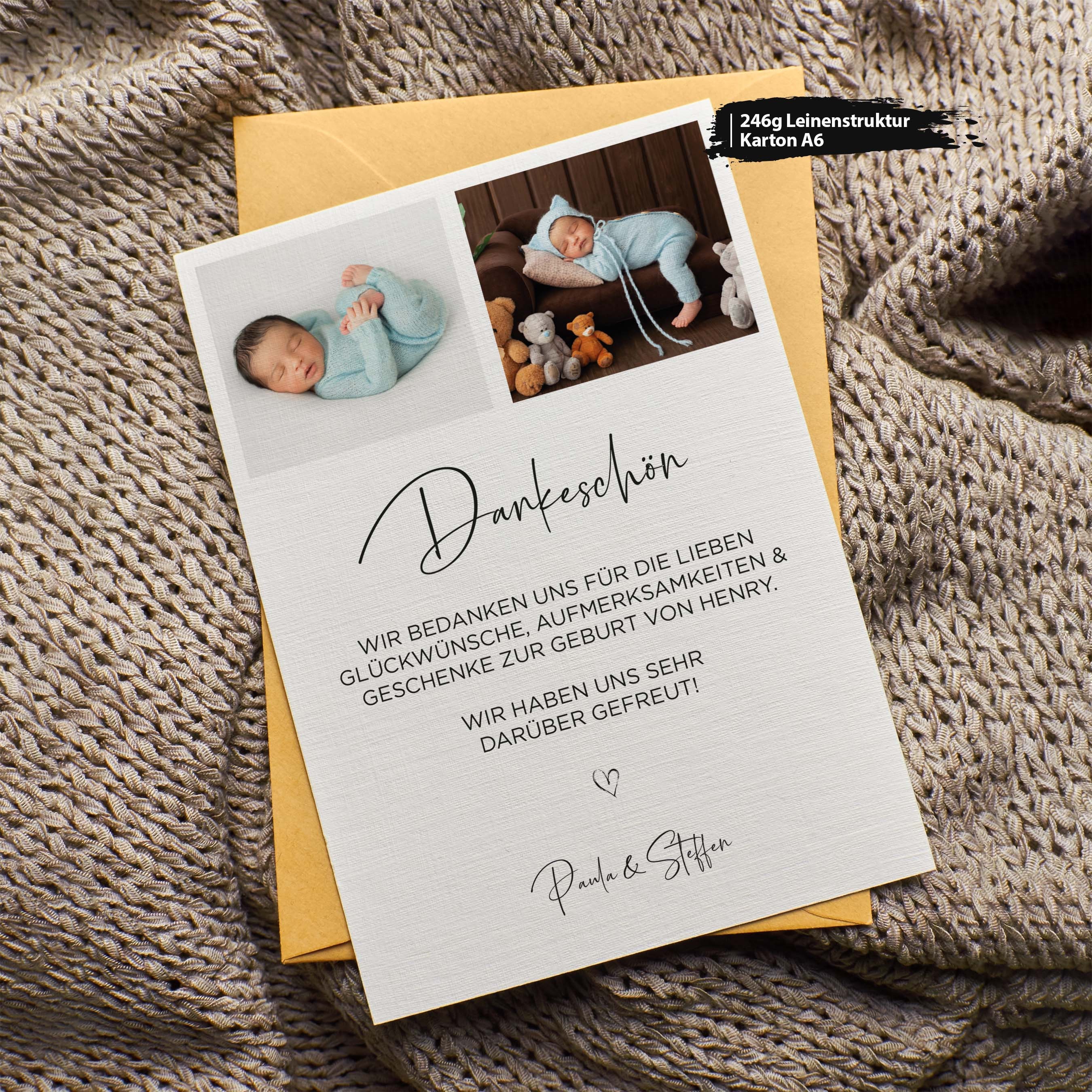 Baby Dankeskarte zur Geburt | liebevoll personalisierte Karte mit Fotos