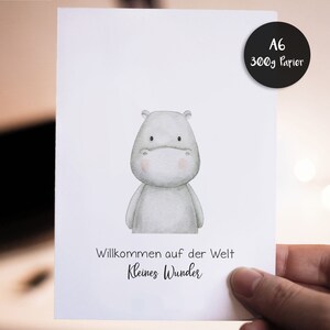 Willkommen auf der Welt Kleines Wunder | Karte zur Geburt A6 | Nilpferd | 300g Premium-Papier | für Jungen und Mädchen
