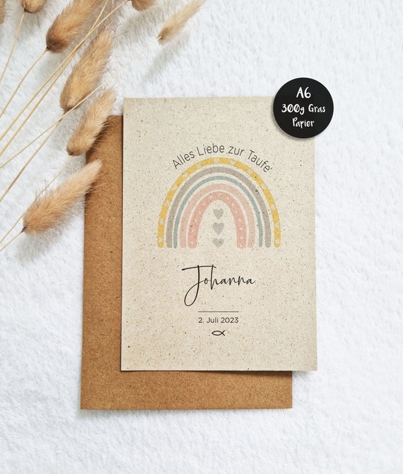 Karte zur Taufe personalisiert Din A6 | nachhaltiges 300g Graspapier | Junge und Mädchen | Regenbogen besonderes Papier