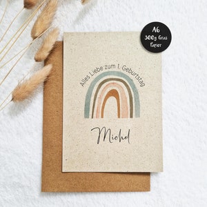 Karte zum 1. Geburtstag personalisiert Din A6 | nachhaltiges 300g Graspapier | Mädchen und Junge | Regenbogen | besonderes Papier 2./3. Geb