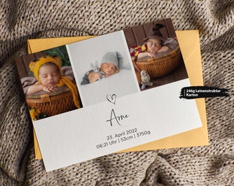 Baby Dankeskarte zur Geburt | liebevoll personalisierte Karte mit Fotos, Geburtsdaten und eurem Text auf der Rückseite | Din A6 doppelseitig
