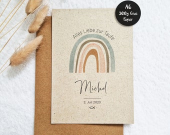 Carte de baptême personnalisée Din A6 | papier d'herbe durable 300g | fille et garçon | Papier spécial arc-en-ciel