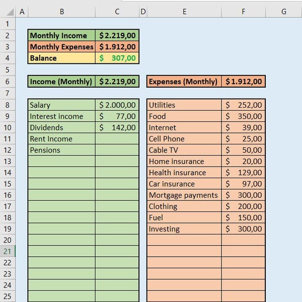 Simple Personal Monthly Income and Expenses Statement in Excel - Easy Monthly Budget Spreadsheet W/ Built-in Calculation - diff. Currencies