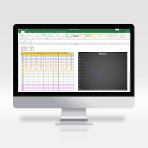 May include: A computer screen displaying a spreadsheet with data about weight loss and a graph showing a downward trend in weight over time. The spreadsheet includes columns for date, weight, calories, and other metrics. The graph is titled "Weight Loss".
