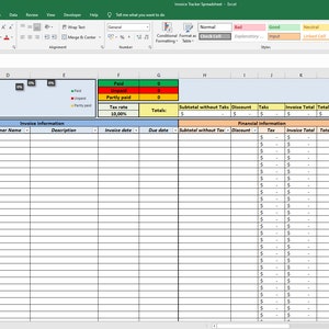 May include: A spreadsheet template for tracking invoices. The spreadsheet includes columns for invoice number, customer ID, customer name, description, invoice date, due date, subtotal without tax, discount, tax, invoice total, total paid, outstanding balance, and status. The spreadsheet is color-coded to indicate the status of each invoice.