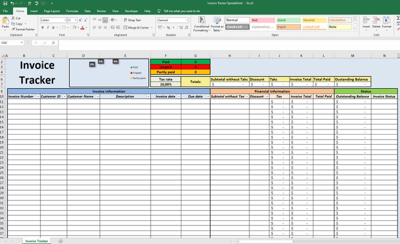 May include: A spreadsheet template for tracking invoices. The spreadsheet includes columns for invoice number, customer ID, customer name, description, invoice date, due date, subtotal without tax, discount, tax, invoice total, total paid, outstanding balance, and status. The spreadsheet is color-coded to indicate the status of each invoice.