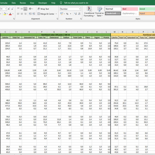 Calculateur de nutrition des repas avec base de données nutritionnelle personnelle et feuille de calcul du calendrier des repas - Calories de repas - Microsoft Excel / Google Sheets