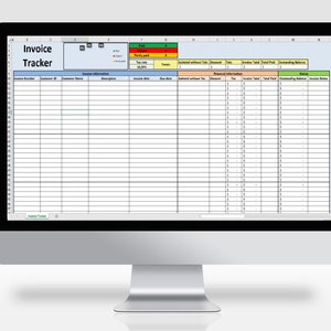 May include: A computer screen displaying a spreadsheet with the title "Invoice Tracker". The spreadsheet has columns for invoice number, customer ID, customer name, description, invoice date, due date, subtotal without tax, discount, tax, invoice total, total paid, outstanding balance, and invoice status. The spreadsheet is color-coded to indicate the status of each invoice.