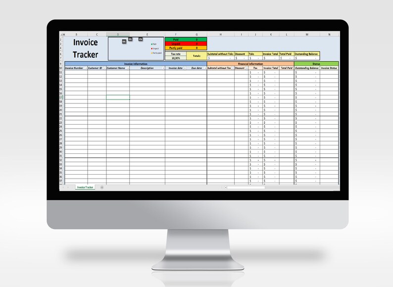May include: A computer screen displaying a spreadsheet with the title "Invoice Tracker". The spreadsheet has columns for invoice number, customer ID, customer name, description, invoice date, due date, subtotal without tax, discount, tax, invoice total, total paid, outstanding balance, and invoice status. The spreadsheet is color-coded to indicate the status of each invoice.