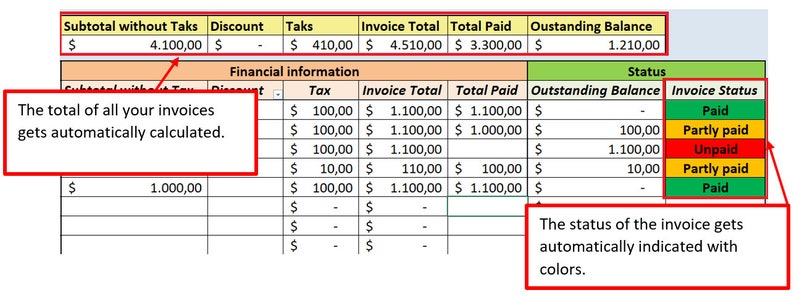 May include: A spreadsheet with financial information, including subtotal, discount, tax, invoice total, total paid, outstanding balance, and invoice status. The spreadsheet shows the total of all invoices gets automatically calculated and the status of the invoice gets automatically indicated with colors.