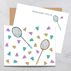 Badminton Note Cards: Personalized Hand-Illustrated Flat Cards 100% Recycled Cardstock. 10 Personalized Cards, Choose White/Kraft Envelopes