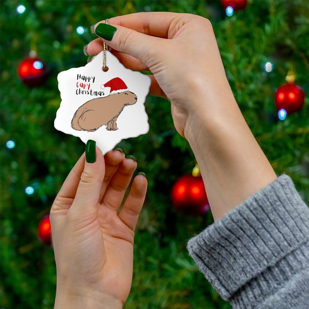 Capybara Christmas Ornament, Hand Illustrated Cute Chill Rodent