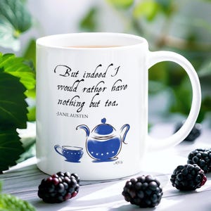 Jane Austen Tea Mug: Hand-Illustrated Unique Literary Gift, Bookish Stocking Stuffer, Jane Austen Gift