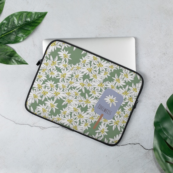 Edelweiss Laptop Sleeve: Hand-Drawn Alps Flowers, Cottagecore Gift, Bookish Gift For Her