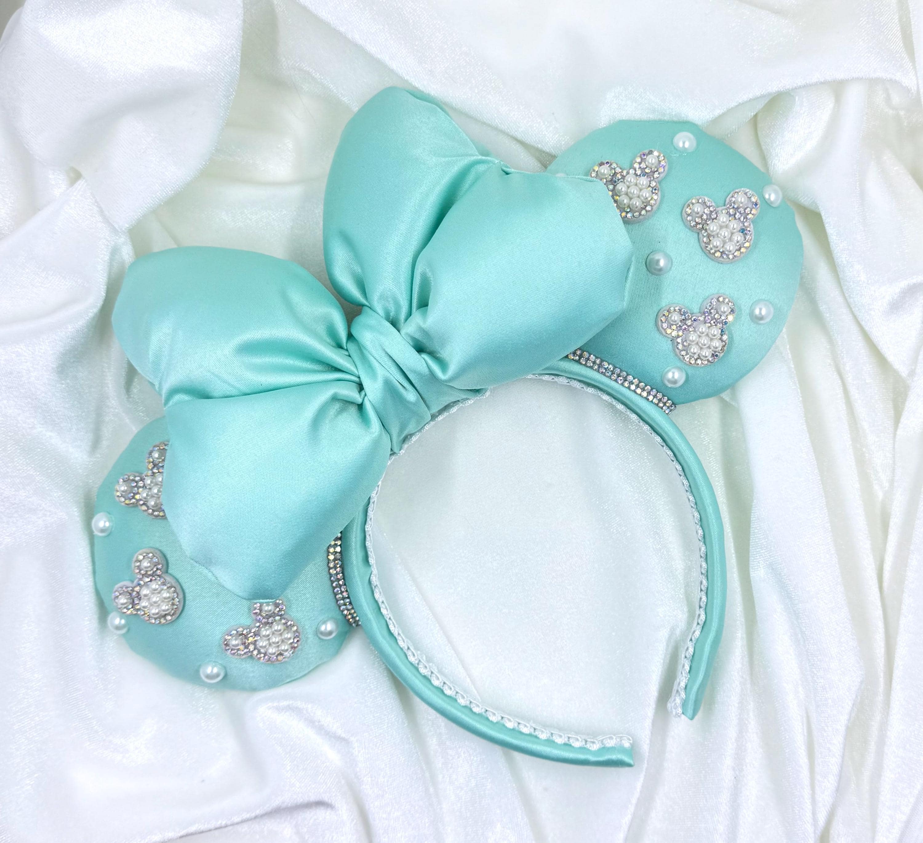 Gorgeous HANDMADE Disney Inspired Sequin Pastel Minnie Ears Headband  - MINT Sweet little Stitch and Angel ears with a pastel tropical  main image 2