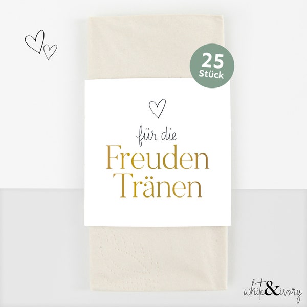 25x Freudentränen Banderole inkl. Klebepunkte - herz gold, für Taschentücher, als Gastgeschenk, Hochzeit, recyceltes Papier