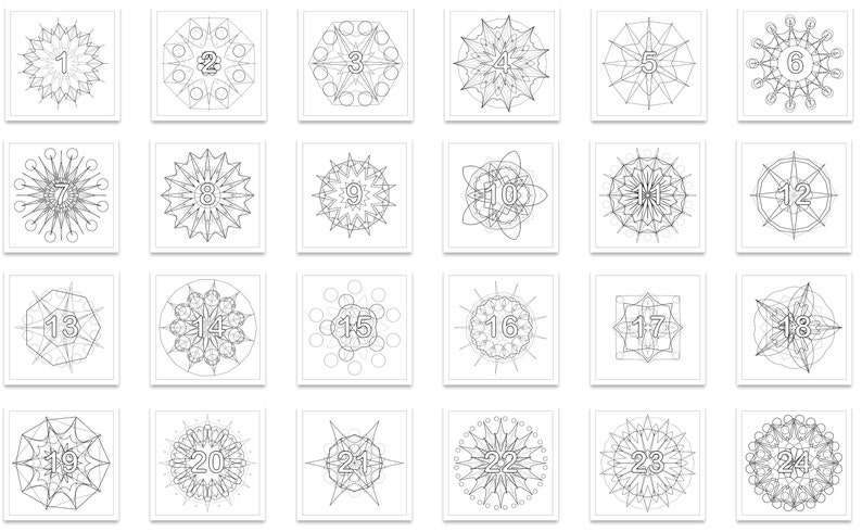 Advent Calendar Mandala Coloring Pages to Print at Home. PDF and PNG