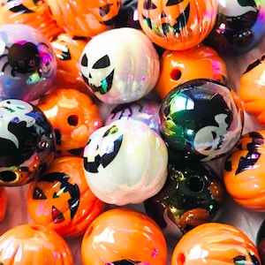 Halloween ThemePumpkin- Ghostly Glam Shiny- Spider  -Spooky AB beads,  Orange, Purple, White Beads,15mm  Beads-Craft Jack-o’-lantern Beads