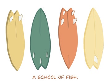 Surfboard graphic humor digital art download printable DIY, "A School of fish", by surf artist Audrey Taylor