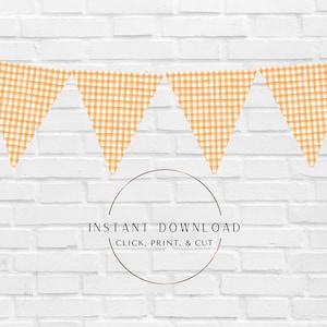 Orange Gingham Pennant Banner, Gingham Bunting, Instant Digital Printable Download
