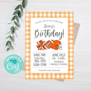 Oranje Gingham &grijze uitnodiging, voetbal verjaardag, gepersonaliseerde instant afdrukbare digitale download