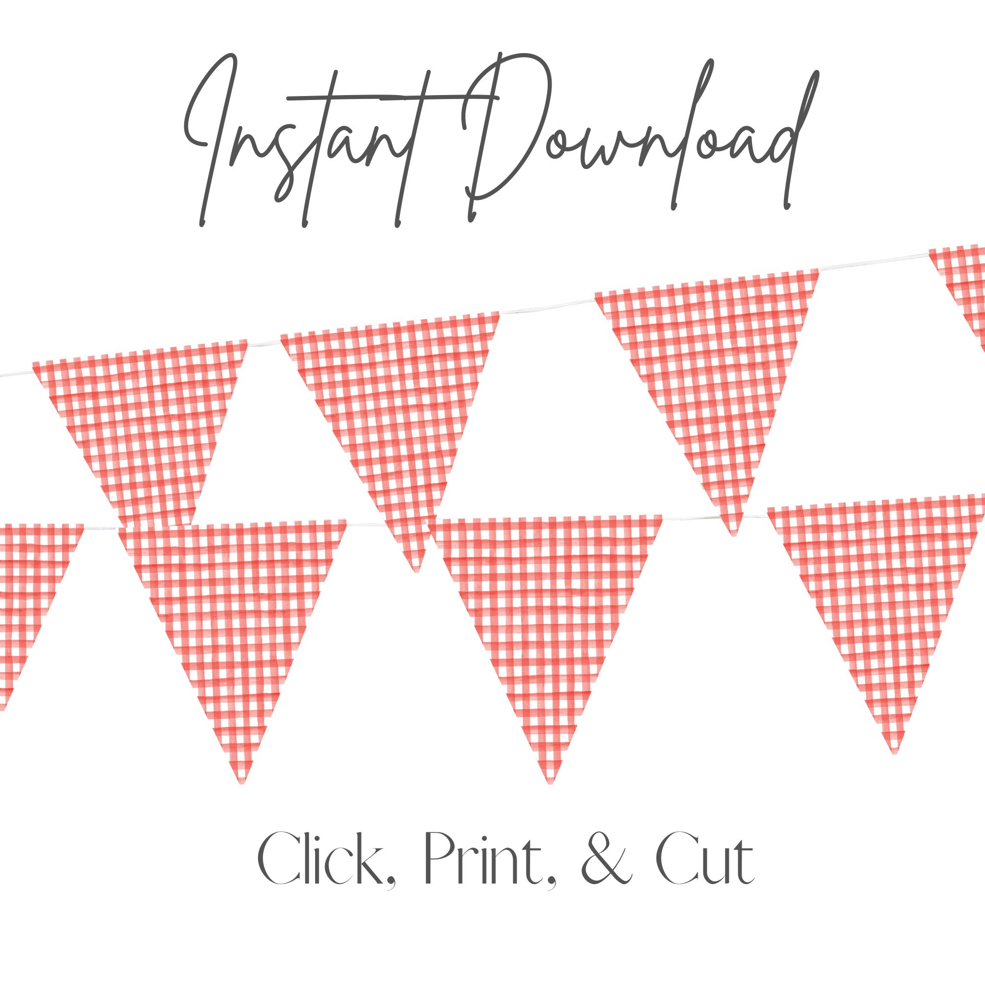 Red Gingham Pennant Banner, Watercolor Bunting, Printable Instant ...