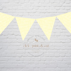 Light Yellow Gingham Pennant Banner, Watercolor Bunting, Printable Instant Digital Download